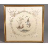 A LARGE JAPANESE SILK NEEDLEWORK PICTURE, depicting cockerels, butterflies and foliage, framed.