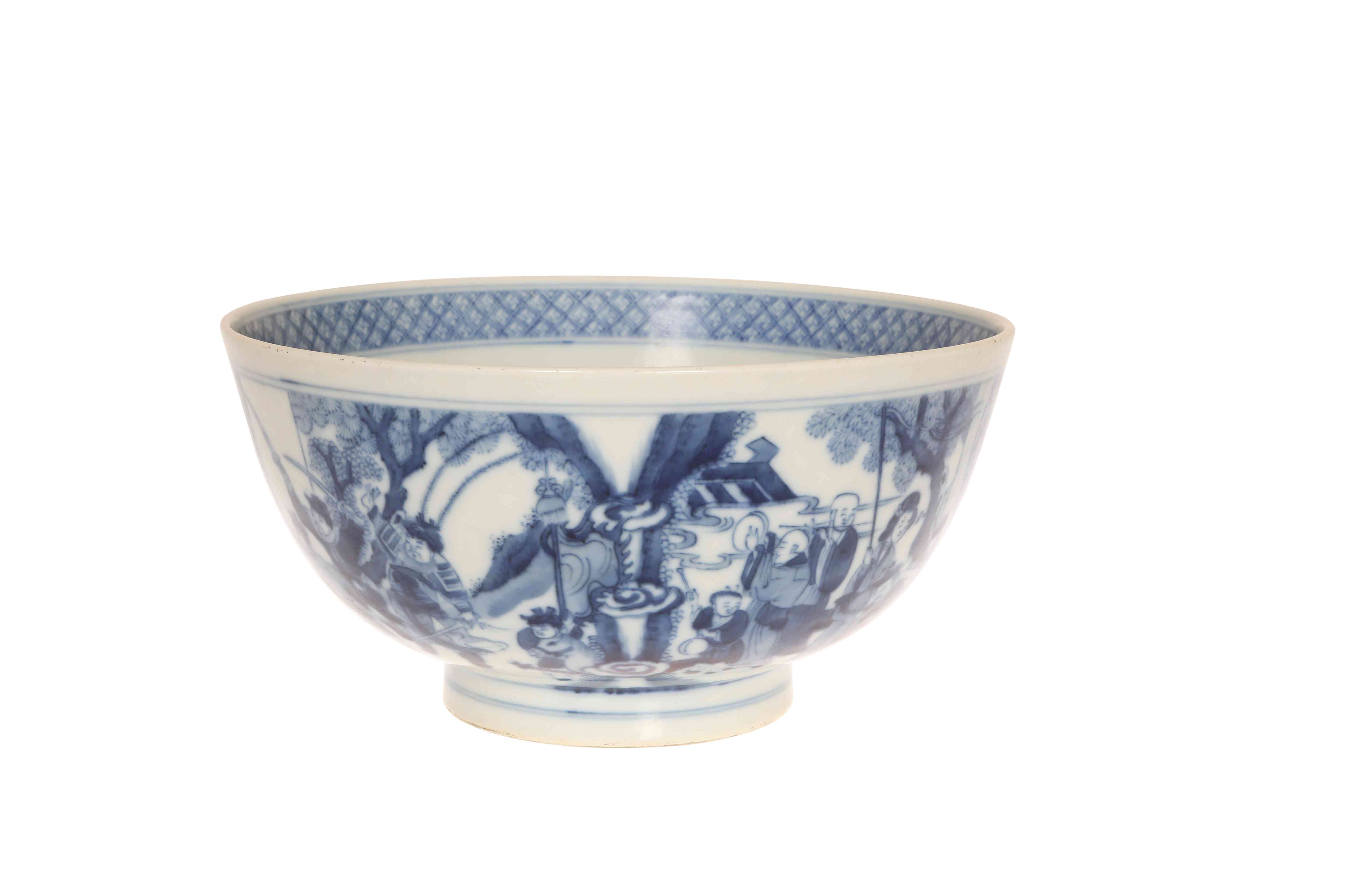 A CHINESE BLUE AND WHITE PORCELAIN BOWL, painted with figures, bears six character mark.