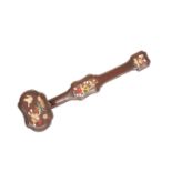 A CHINESE HARDSTONE AND MOTHER-OF-PEARL MOUNTED HARDWOOD RUYI SCEPTRE, LATE 19th/EARLY 20th CENTURY,