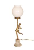 AN ART DECO GILT-METAL FIGURAL TABLE LAMP, modelled as a girl in fitted jacket in dancing pose,