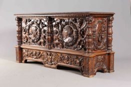 A HANDSOME CARVED WALNUT CASSONE, probably late 19th or early 20th Century,
