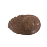 A CHINESE BROWN STONEWARE BRUSH WASHER AND COVER, the cover with a coiled dragon in relief,
