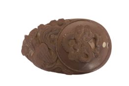 A CHINESE BROWN STONEWARE BRUSH WASHER AND COVER, the cover with a coiled dragon in relief,