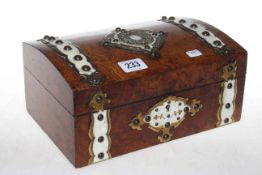 Victorian burr walnut domed jewellery box with brass and bone strapwork