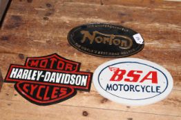 Three cast metal motorcycle signs, Harley Davidson, B.S.A.