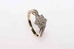 9 carat gold and sterling silver petal design diamond cluster ring on twist design shank,