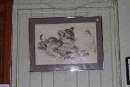After Ralph Thompson, Tiger Cub Watching A Cricket, lithograph, framed, 38.5cm by 58.