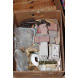 Box of various clock parts, weights, crystal drops, vintage train tickets,