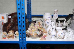 Aynsley Cottage Garden china, china teddies, walnut mantel clock, metal detector, two wood bowls,