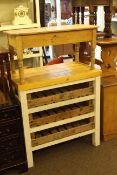 Pine and painted three drawer kitchen storage unit and pine coffee table (2)