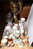 Crystal decanter, biscuit jar, cabinet cups and saucers, Hummel figures,