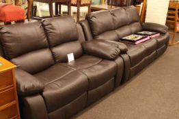 Pair brown leather three seater and two seater reclining settees