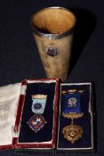 Two cased silver Masonic medals and horn beaker