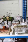 Bretby bowl, collection of hat pins and holders, ribbon plates, Noritake jar, tiles,