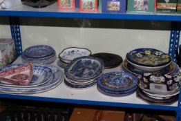 Collection of various plates including Maling, blue and white meat and other plates, plaques,