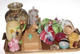 Racing car teapot, two Royal Doulton figures, Cranston Pottery vase, Sylvac, glass paperweights,