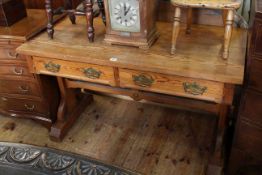 Pitch pine lyre end two drawer side table,