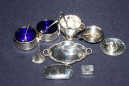 Silver vesta, open salts, miniature tray, funnel,