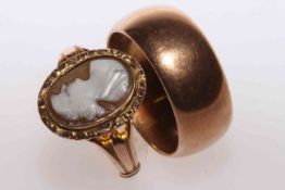 9 carat yellow gold gents wedding band and 9 carat cameo ring