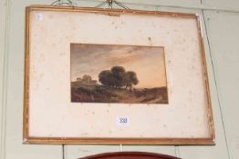 Attributed to David Cox, Farmer and Cattle in a Landscape, unsigned watercolour, 16cm by 24.