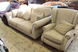 Little used Parker Knoll settee and wing back chair in brown striped fabric