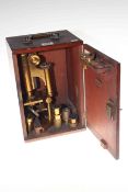 R & J Beck brass microscope and accessories in mahogany case