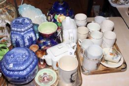 Commemorative ware, Ringtons lamp and two caddies, Maling flower vase,
