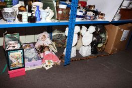 Dolls, collectors plates, spelter bust, plaster angels, various china and glass, circular mirror,