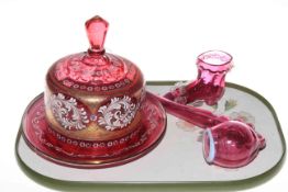 Ruby glass cheese cover and plate,