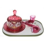 Ruby glass cheese cover and plate,