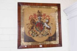 19th Century woolwork and beadwork panel depicting The Royal Coat of Arms, in mahogany frame, 61.