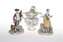 English porcelain flower encrusted vase and two Continental figures (3)