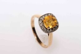 18 carat rose and white gold cushion cut yellow sapphire and round brilliant cut diamond cluster