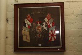 Embroidered Trapunto of the Royal Coat of Arms, in oak frame,