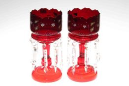 Pair of Victorian ruby and painted glass table lustres with drops