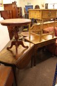 Oak drop leaf dining table, circular pedestal occasional table,