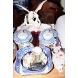 Pair of blue and white tureens, Copeland bowl, amethyst glass tots, figures,