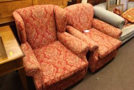 Pair early 20th Century ladies and gents chairs in classical foliate fabric