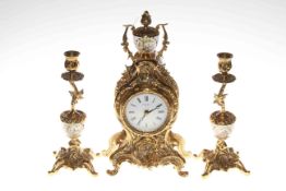 Modern gilt metal and porcelain clock garniture