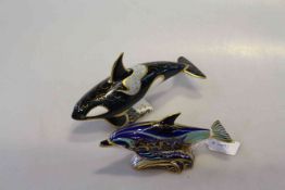 Royal Crown Derby Fair Isle Orca and Bottlenose Dolphin gold stopper paperweights (2)