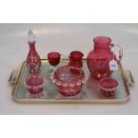 Collection of seven pieces of antique ruby glass including handsome water jug
