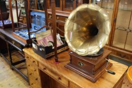 Replica HMV wind up gramophone with collection of records