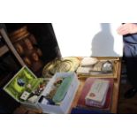 Two boxes of jewellery, postcards and cigarette cards, brass plaques,