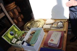 Two boxes of jewellery, postcards and cigarette cards, brass plaques,