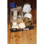 Box lot with old oil lamp, jewellery,
