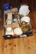 Box lot with old oil lamp, jewellery,