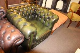 Green buttoned leather Chesterfield chair and large turned leg stool (2)