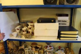 Commemorative coins, coin boxes, Crown Devon coffee set, collectors plates,