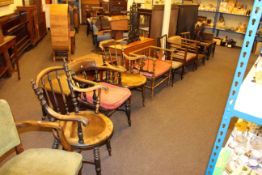 Collection of twelve various chairs including smokers bow, set of three armchairs,