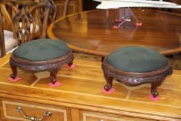 Pair Victorian circular carved walnut footstools